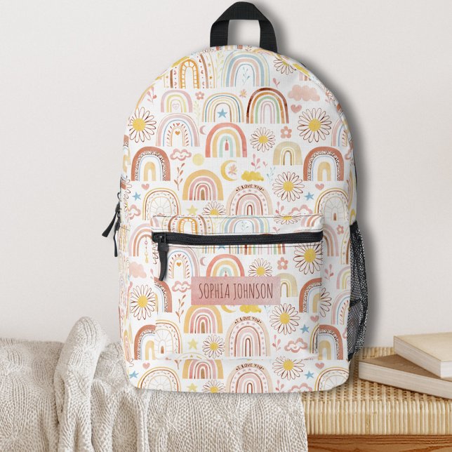 Cute Colorful Rainbows and Daisy Flowers Abstract Printed Backpack (In situ)