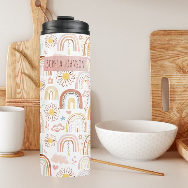 Cute Colorful Rainbows and Daisy Flowers Abstract Thermal Tumbler (In situ)