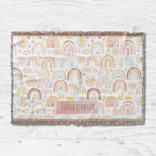 Cute Colorful Rainbows and Daisy Flowers Abstract Throw Blanket