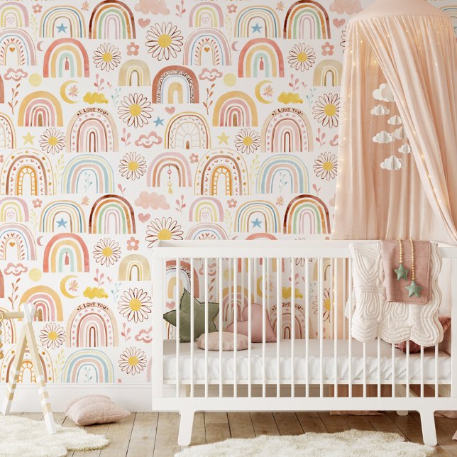 Cute Colorful Rainbows and Daisy Flowers Abstract Wallpaper (In situ)