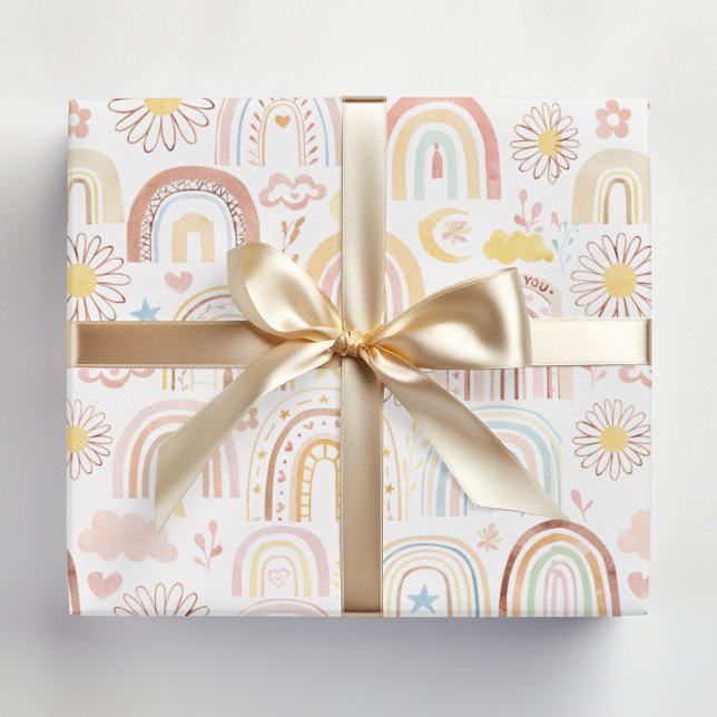 Cute Colorful Rainbows and Daisy Flowers Abstract Wrapping Paper (In situ)