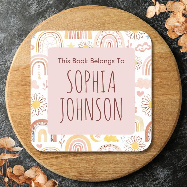 Cute Colorful Rainbows and Daisy Flowers Bookplate (Close up)