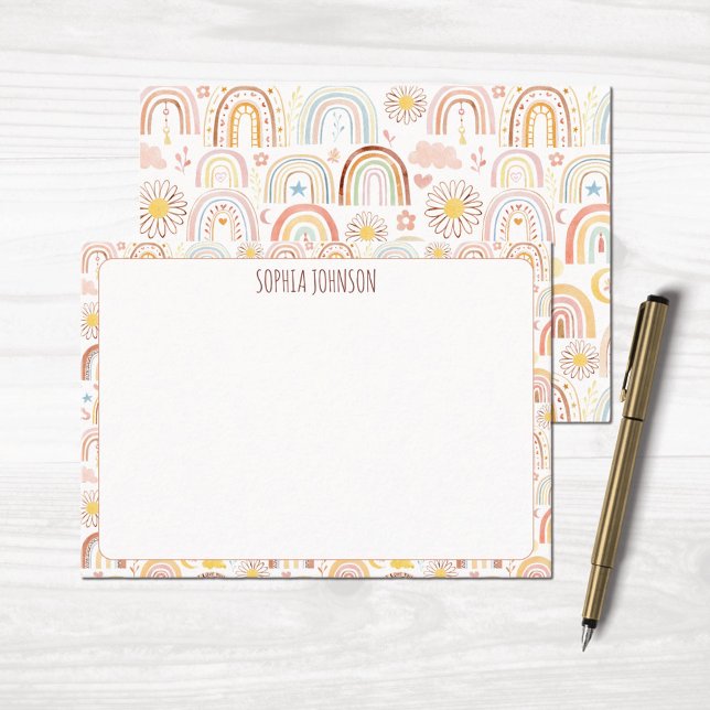 Cute Colorful Rainbows and Daisy Flowers Bookplate Note Card (In situ)