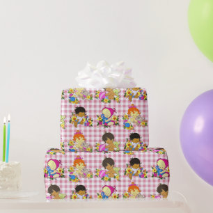 Cute Colorful Retro Baby Pattern on Pink Plaid Wrapping Paper