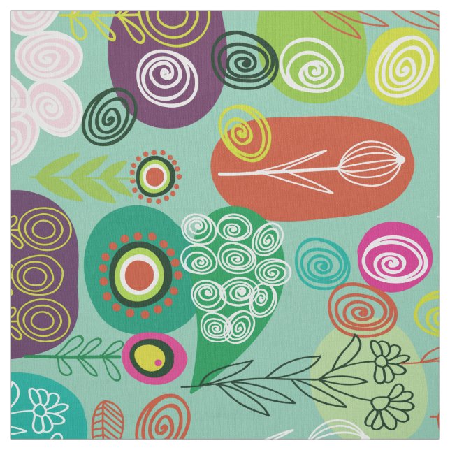 Cute Colorful Retro Cartoon Floral Pattern Fabric (Swatch)