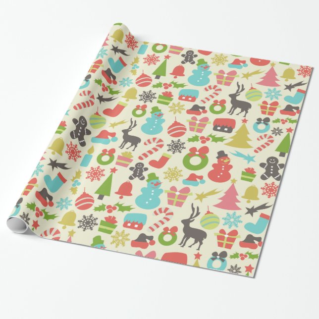 Cute Colorful Retro Christmas Wrapping Paper (Unrolled)