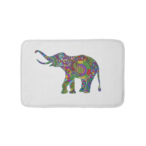 Cute Colorful Retro Floral Elephant Illustration Bath Mat