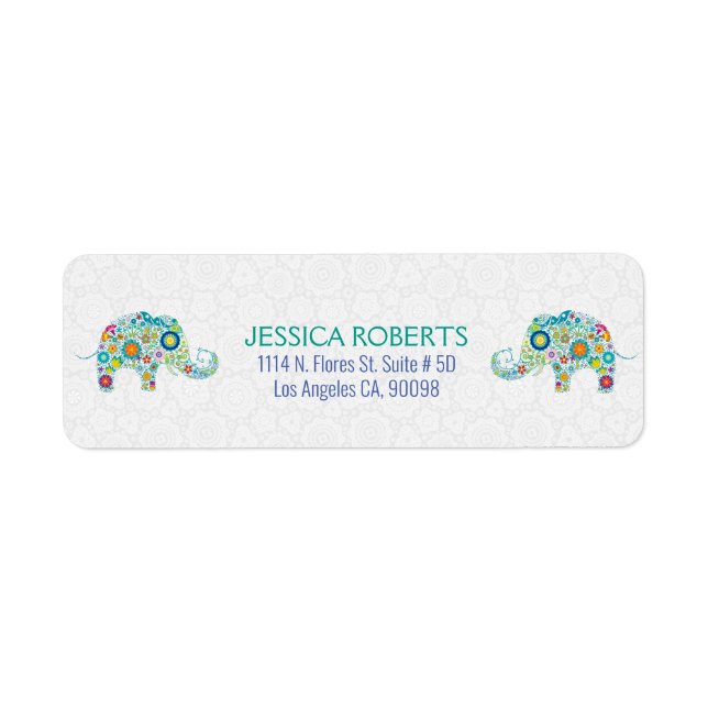 Cute Colorful Retro Floral Elephants Label (Front)