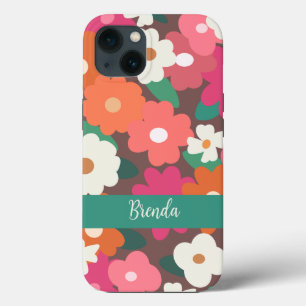 Cute Colorful Retro Florals Custom Name iPhone 13 Case