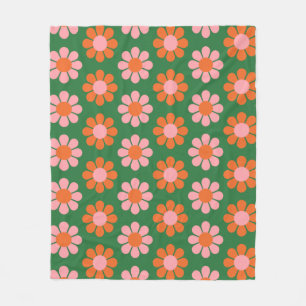Cute Colorful Retro Flower Pattern Green and Pink Fleece Blanket