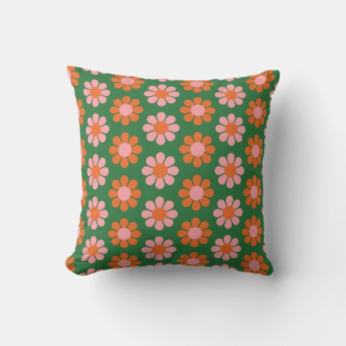 Cute Colorful Retro Flower Pattern Green and Pink  Throw Pillow