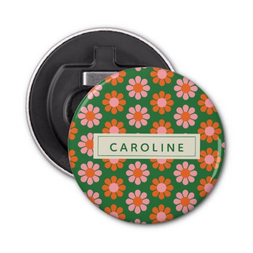 Cute Colorful Retro Flower Pattern Green Pink Name Bottle Opener