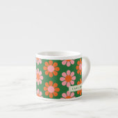 Cute Colorful Retro Flower Pattern Green Pink Name Espresso Cup (Front Right)