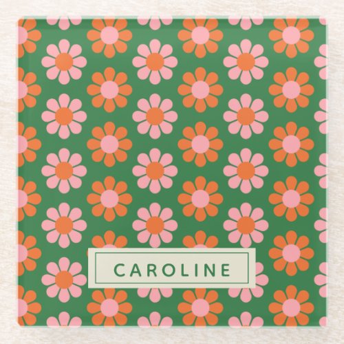 Cute Colorful Retro Flower Pattern Green Pink Name Glass Coaster