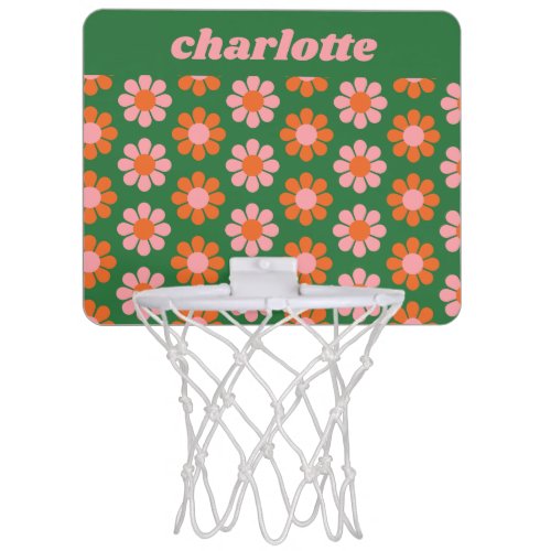 Cute Colorful Retro Flower Pattern Green Pink Name Mini Basketball Hoop