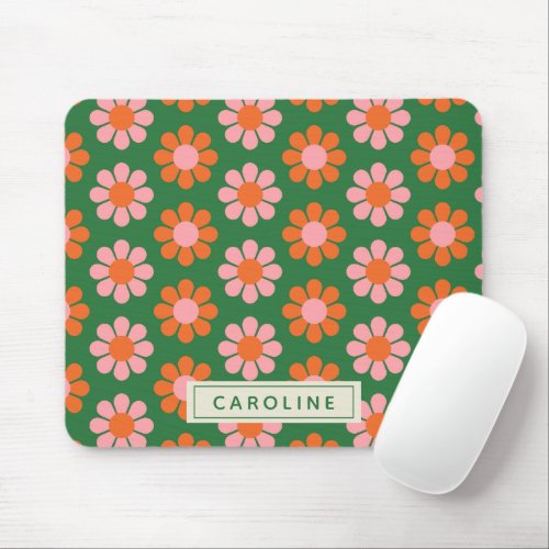 Cute Colorful Retro Flower Pattern Green Pink Name Mouse Pad