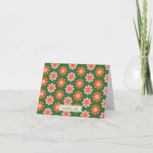 Cute Colorful Retro Flower Pattern Green Pink Name Note Card