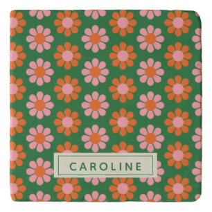 Cute Colorful Retro Flower Pattern Green Pink Name Trivet