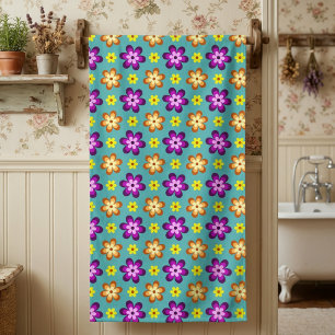Cute Colorful Retro Flowers Bath Towel