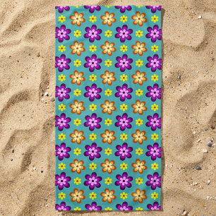 Cute Colorful Retro Flowers Beach Towel