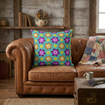 Cute Colorful Retro Flowers Big Throw Pillow
