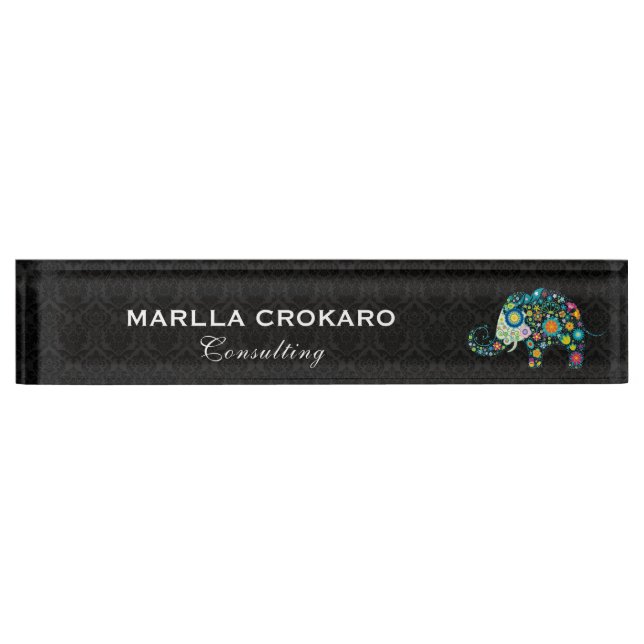 Cute Colorful Retro Flowers Elephant Illustration Desk Name Plate (Front)