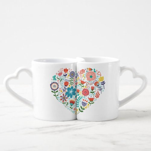 Cute Colorful Retro Flowers Heart Illustration Coffee Mug Set