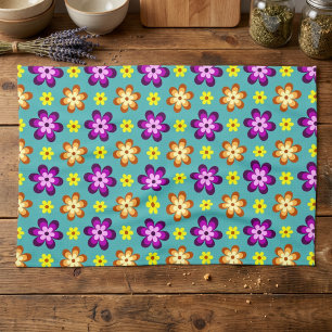 Cute Colorful Retro Flowers Kitchen Towel