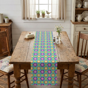 Cute Colorful Retro Flowers Large Table Runner