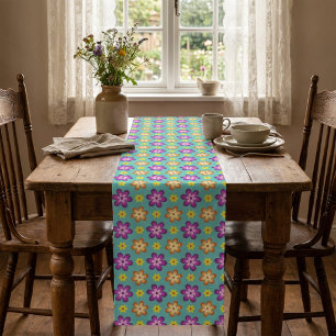 Cute Colorful Retro Flowers Medium Table Runner