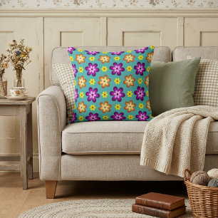Cute Colorful Retro Flowers Throw Pillow