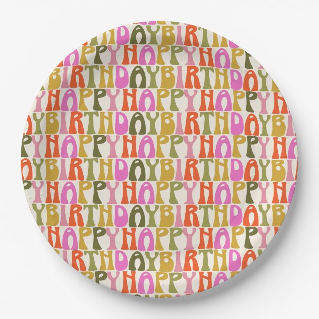 Cute Colorful Retro Happy Birthday Text Pattern  Paper Plates (Front)