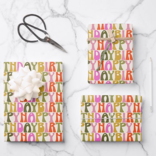 Cute Colorful Retro Happy Birthday Text Pattern Wrapping Paper Sheets