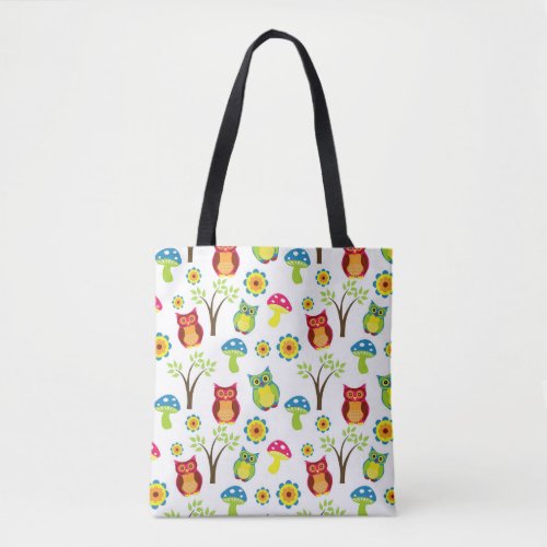 Cute Colorful Retro Owls Mushrooms and Trees Tote Bag