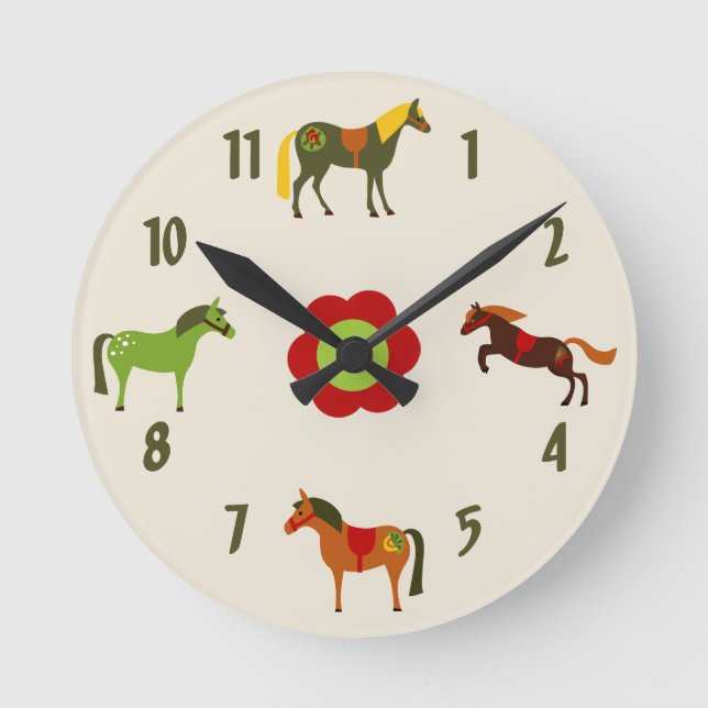Cute Colorful Retro Ponies and Flower Horse Round Clock (Front)