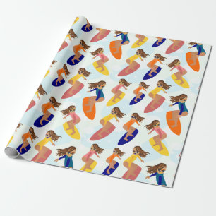 Cute Colorful Retro Summer Surfer Girl Pattern Wrapping Paper
