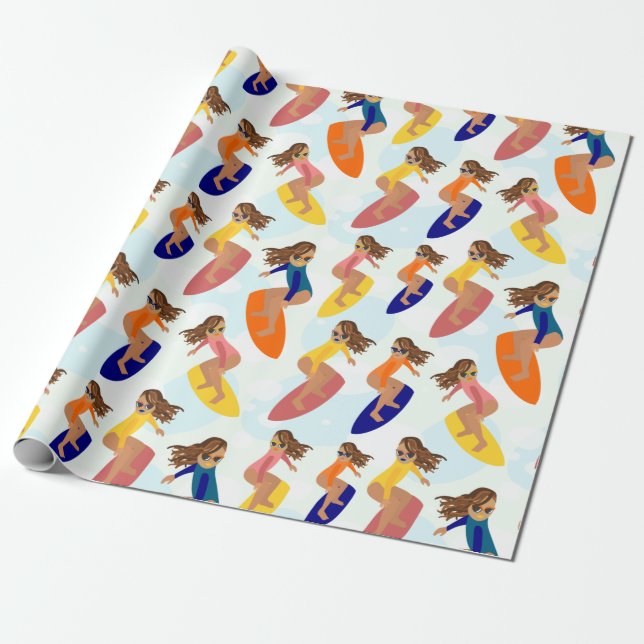 Cute Colorful Retro Summer Surfer Girl Pattern Wrapping Paper (Unrolled)