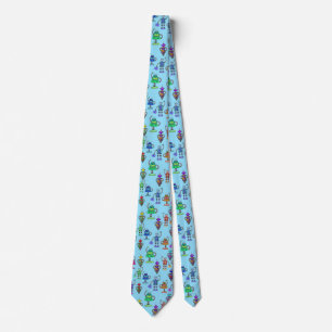 Cute colorful robots on blue background neck tie