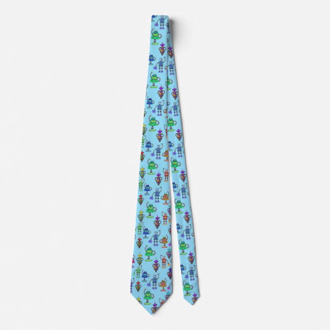 Cute colorful robots on blue background neck tie (Front)