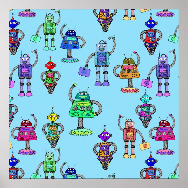 Cute colorful robots on blue background poster (Front)