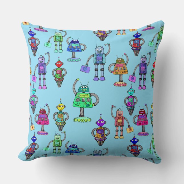Cute colorful robots on blue background throw pillow (Front)