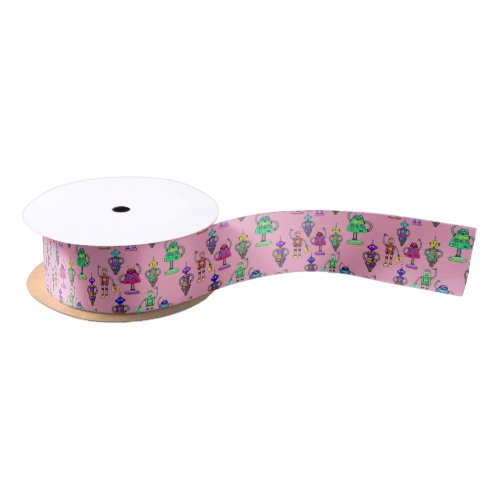 Cute colorful robots on pink background satin ribbon