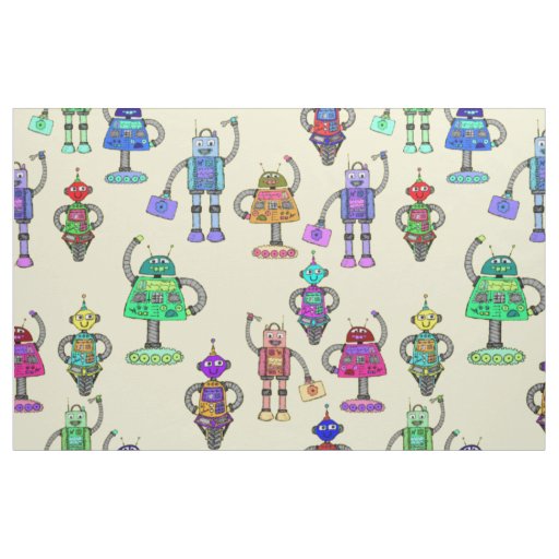 Cute colorful robots on yellow background fabric