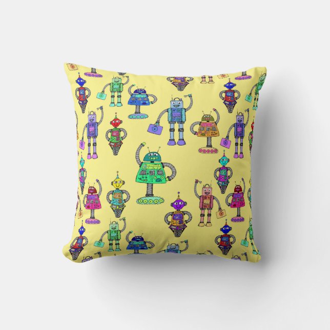 Cute colorful robots on yellow background throw pillow (Front)
