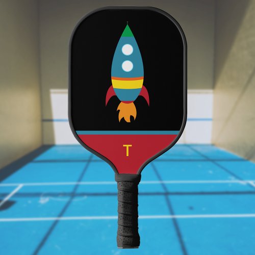 Cute Colorful Rocket on Black _ Monogram Initial  Pickleball Paddle