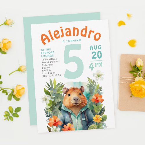 Cute Colorful Rodent Birthday Floral Watercolor Invitation