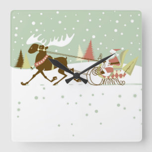 Cute Colorful Santa & Reindeer Illustration Square Wall Clock