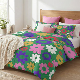 Cute Colorful Scandinavian Flower Pattern in Green Duvet Cover