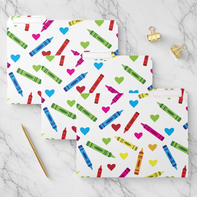 Cute Colorful School Crayons With Hearts Pattern  File Folder (Set)