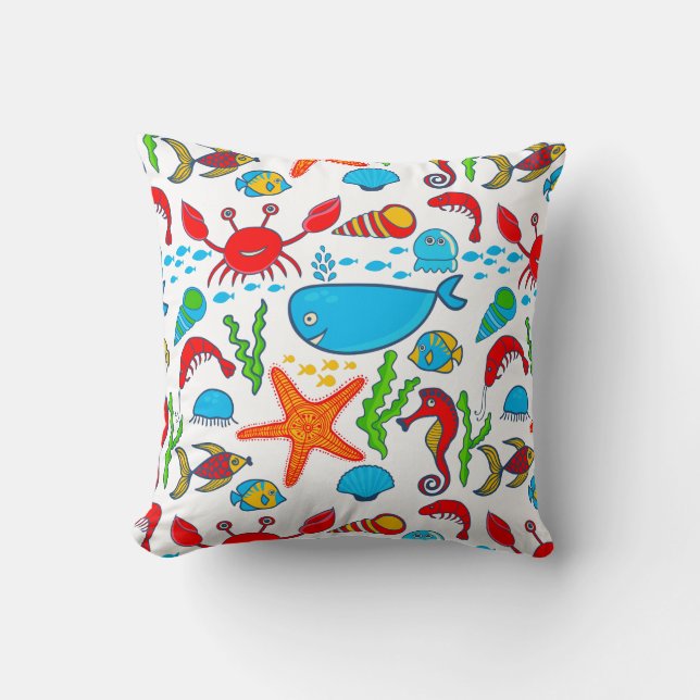 Cute Colorful Sea-life Illustration Throw Pillow (Front)